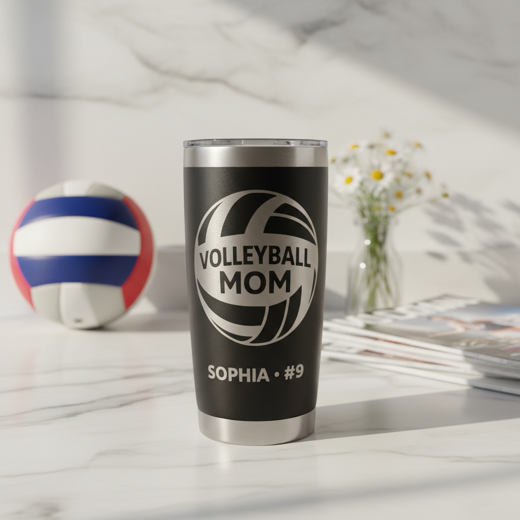 Volleyball Mom Custom Engraved Tumbler – Personalized Name & Number | 20 oz Stainless Steel