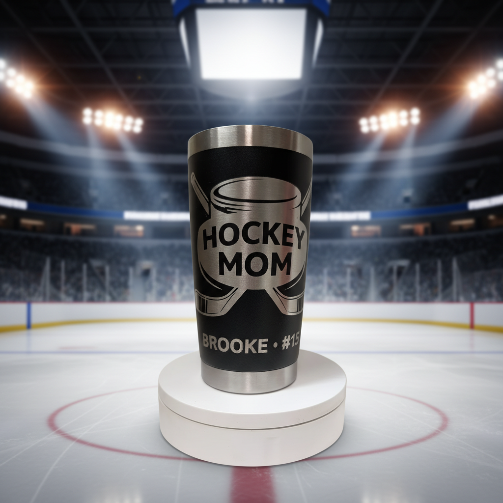 Hockey Mom Engraved Tumbler – Personalized Name & Number | 20oz Stainless Steel