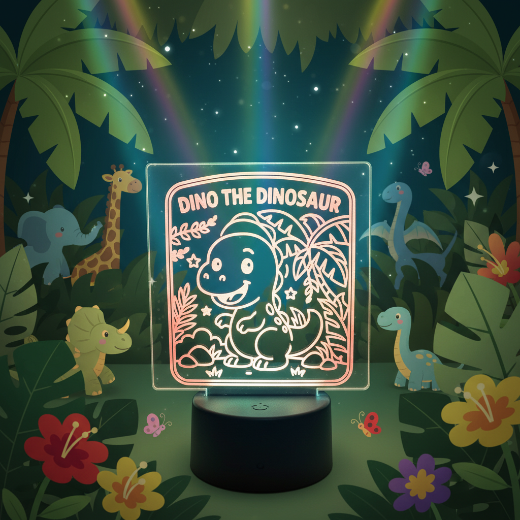 Bring a little prehistoric magic to bedtime with our Dino the Dinosaur LED Acrylic Light! Designed to delight kids and parents alike, this adorable dinosaur glows beautifully, creating a calming and comforting atmosphere in any room.

Crafted from high-quality clear acrylic and precision laser-engraved, this night light features crisp details that come to life when illuminated. The soft LED glow makes it perfect for nurseries, bedrooms, playrooms, or as a gentle night light to help little ones drift off to 