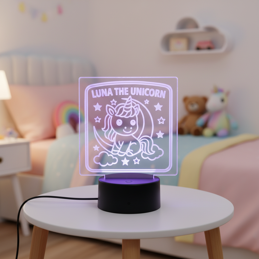 A soft glow for sweet dreams and magical moments

Turn bedtime into something magical with our Luna the Unicorn LED Acrylic Light. Beautifully laser-engraved on crystal-clear acrylic, this enchanting unicorn design comes to life with a gentle LED glow that adds comfort, warmth, and wonder to any child’s room.

Perfect as a night light or decorative accent, Luna creates a calming atmosphere that helps little ones feel safe and relaxed at bedtime—while adding a charming, whimsical touch to their space.