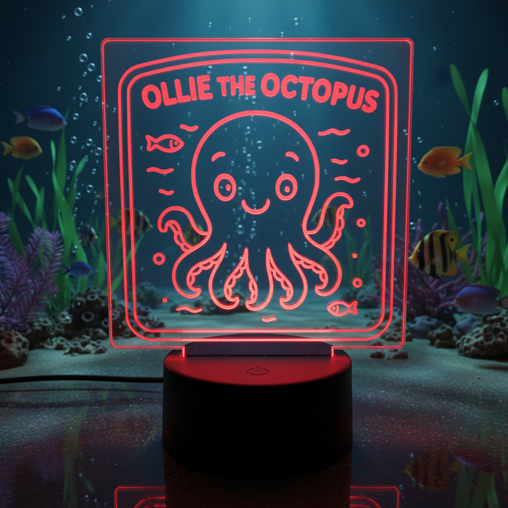 A glowing friend for peaceful little nights

Make bedtime calmer, cozier, and a little more magical with Ollie the Octopus. This adorable LED acrylic night light casts a soft, soothing glow that helps children feel safe and relaxed as they drift off to sleep.

Laser-engraved on crystal-clear acrylic, Ollie lights up beautifully—bringing an under-the-sea charm to nurseries, bedrooms, and playrooms. It’s the perfect blend of comfort, décor, and imagination.
